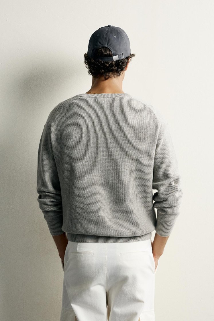 Zara Regular Fit Knit Cotton Sweater — Gris chiné