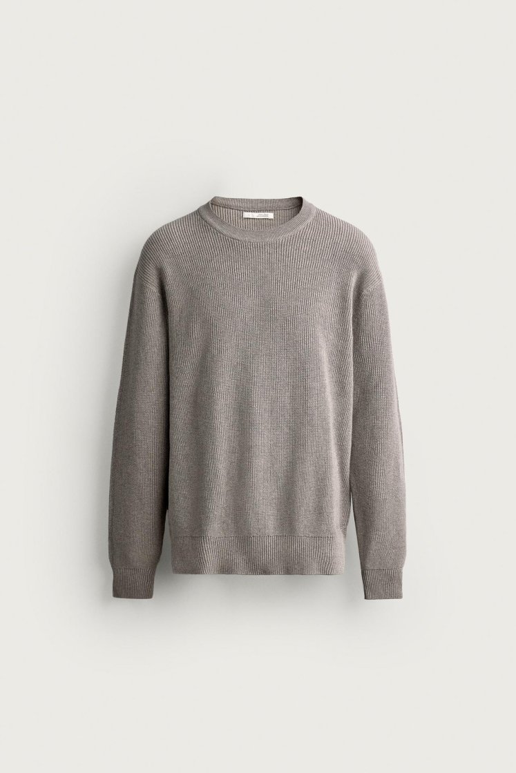 Zara Regular Fit Knit Cotton Sweater — Gris chiné