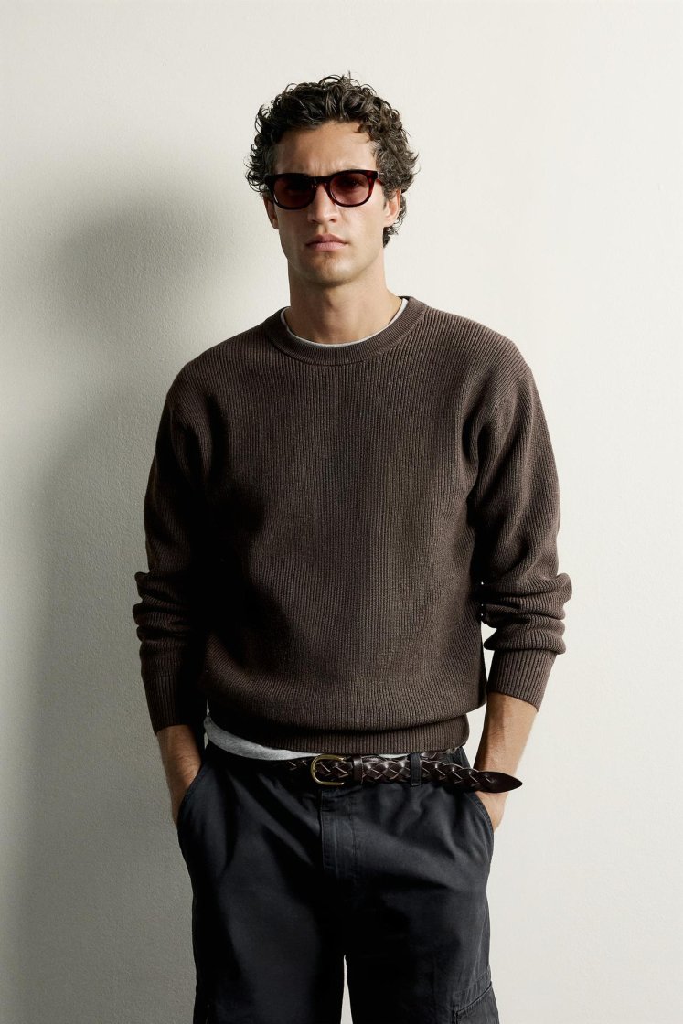 Zara Regular Fit Knit Cotton Sweater — Marron chiné
