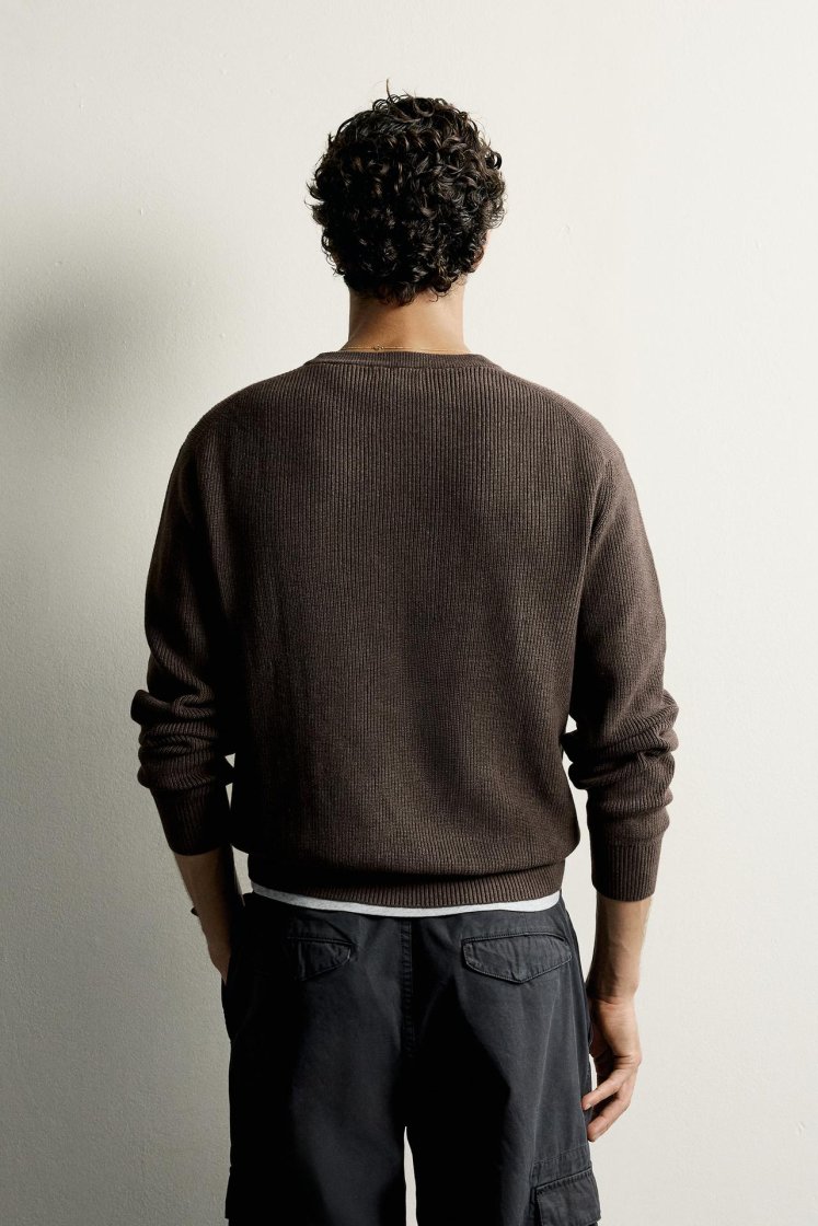 Zara Regular Fit Knit Cotton Sweater — Marron chiné