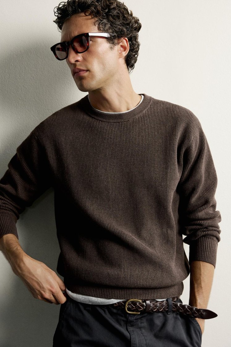 Zara Regular Fit Knit Cotton Sweater — Marron chiné