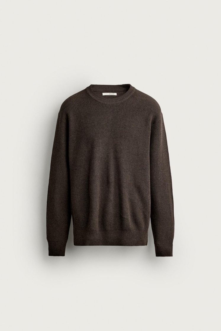 Zara Regular Fit Knit Cotton Sweater — Marron chiné
