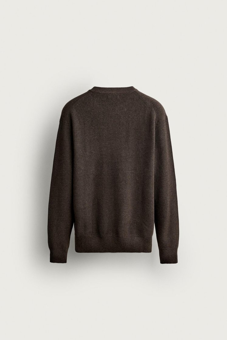 Zara Regular Fit Knit Cotton Sweater — Marron chiné