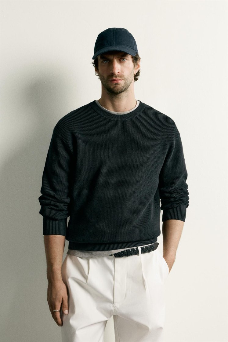 Zara Regular Fit Knit Cotton Sweater — Noir