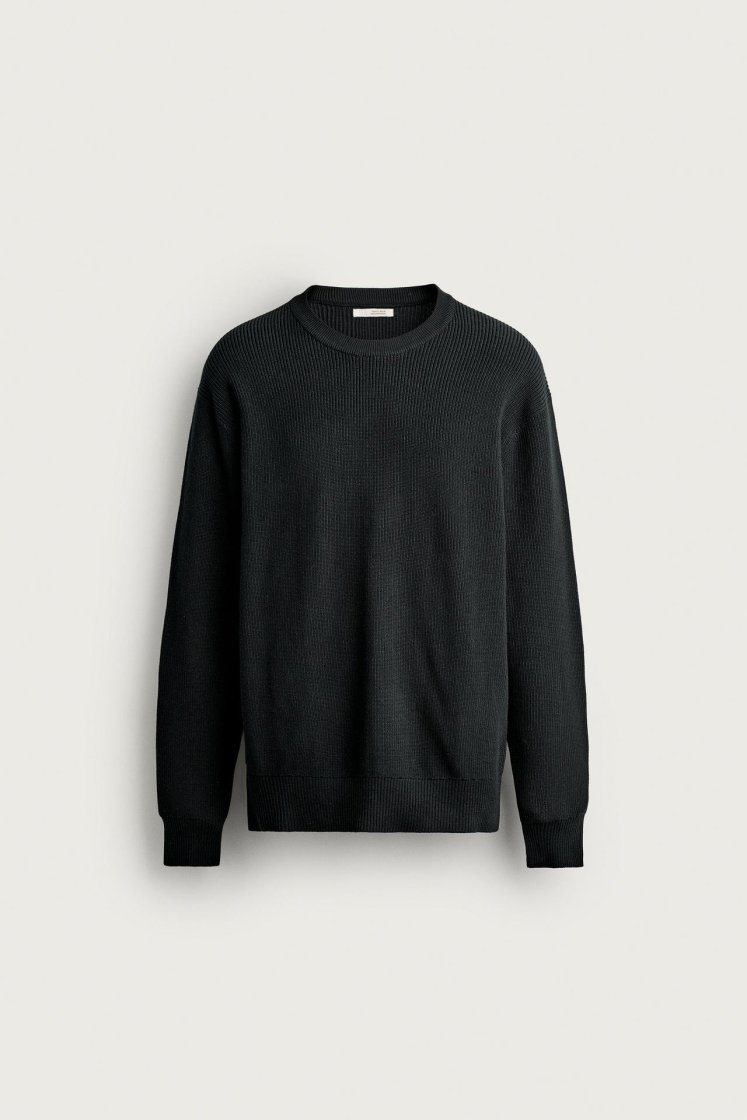 Zara Regular Fit Knit Cotton Sweater — Noir