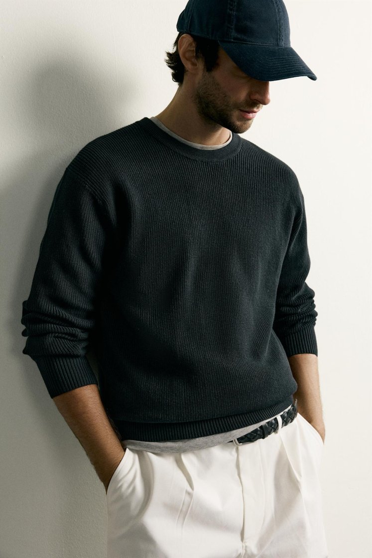 Zara Regular Fit Knit Cotton Sweater — Noir