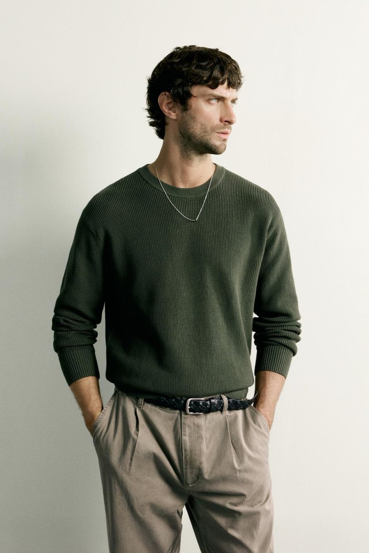 Zara Regular Fit Knit Cotton Sweater — Vert
