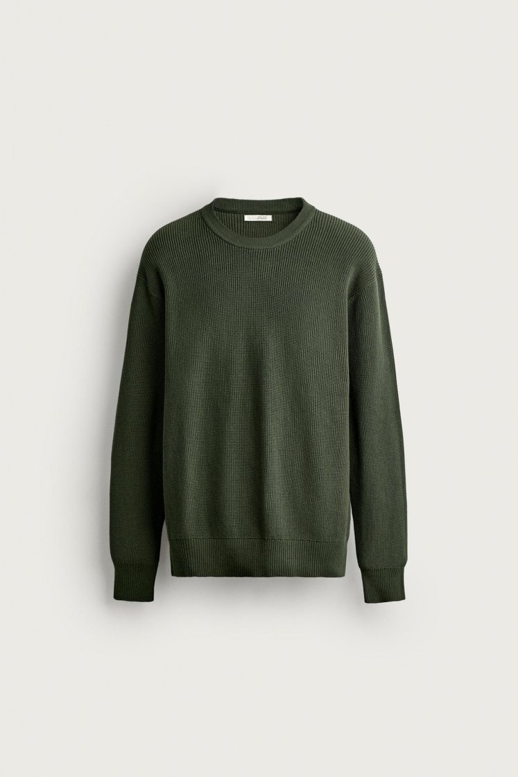 Zara Regular Fit Knit Cotton Sweater — Vert