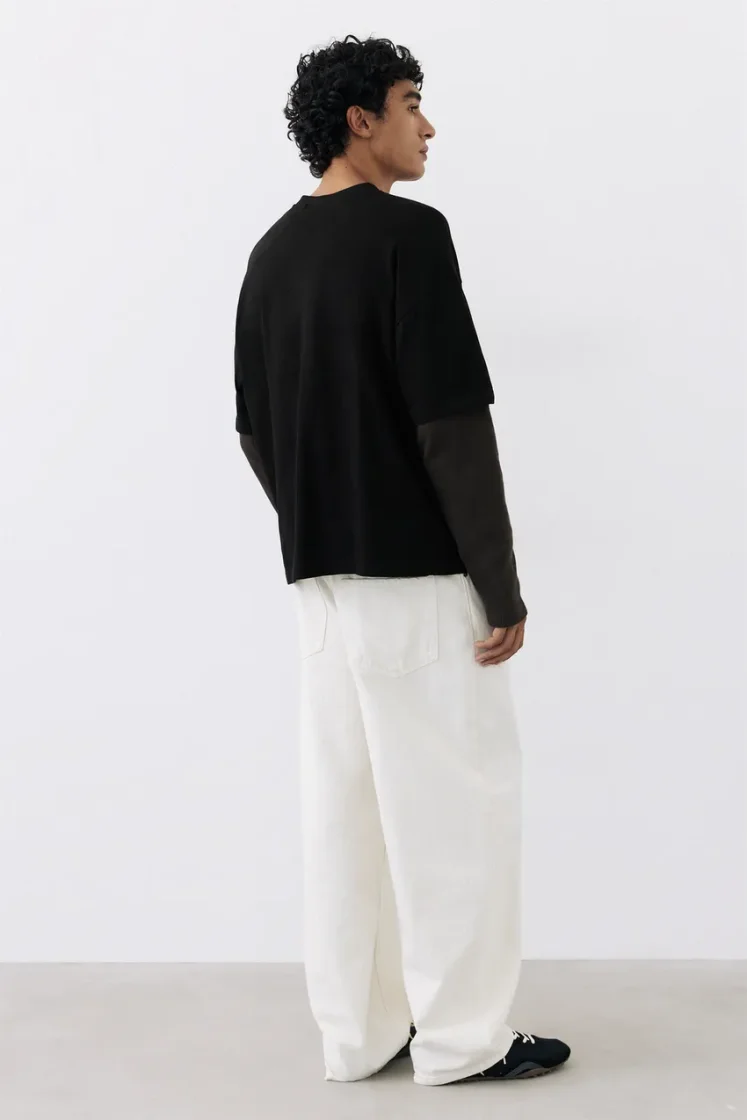Pull&Bear Waffle Double Long Sleeve Tee — Black
