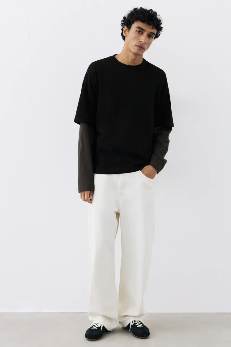 Pull&Bear Waffle Double Long Sleeve Tee — Black