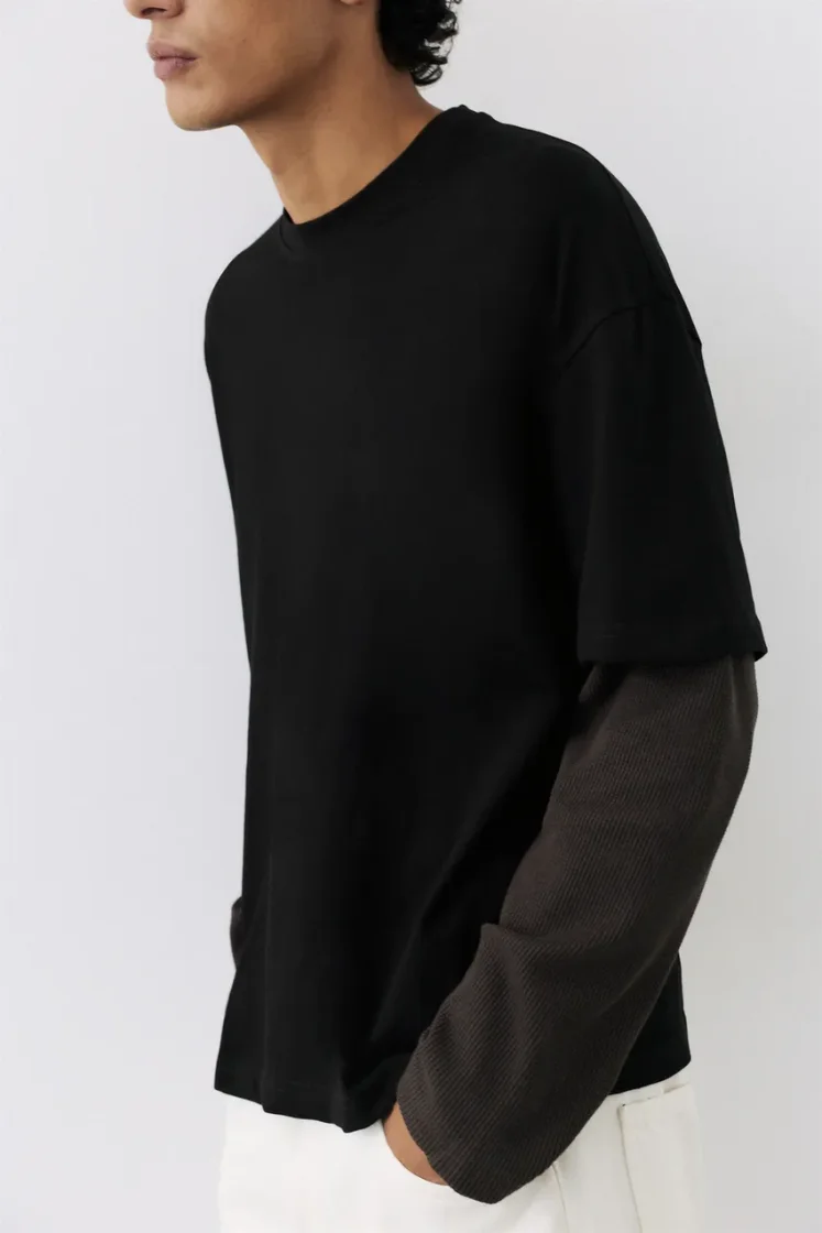 Pull&Bear Waffle Double Long Sleeve Tee — Black