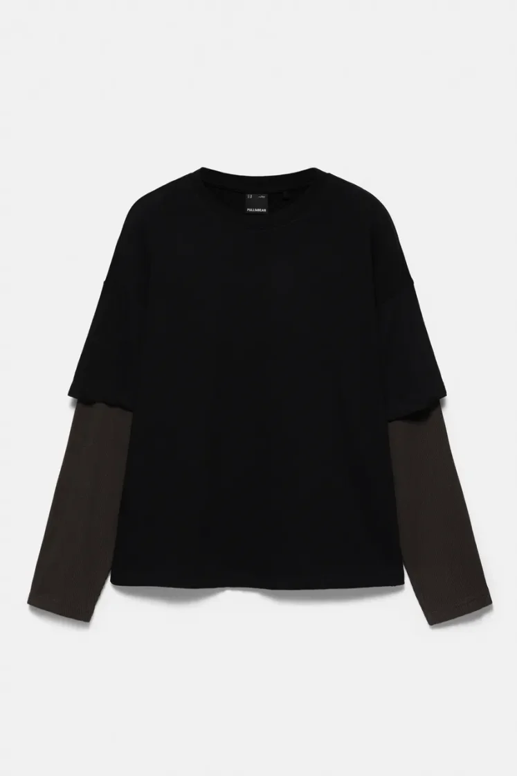 Pull&Bear Waffle Double Long Sleeve Tee — Black