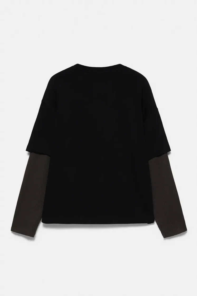 Pull&Bear Waffle Double Long Sleeve Tee — Black