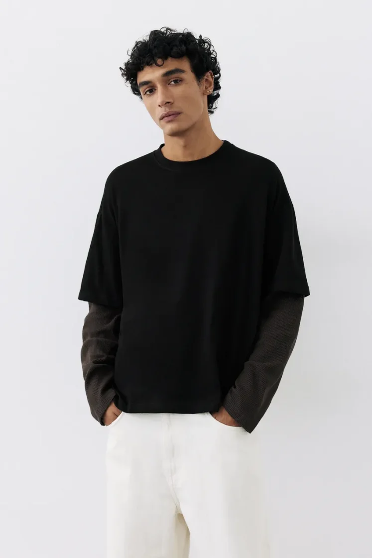 Pull&Bear Waffle Double Long Sleeve Tee — Black