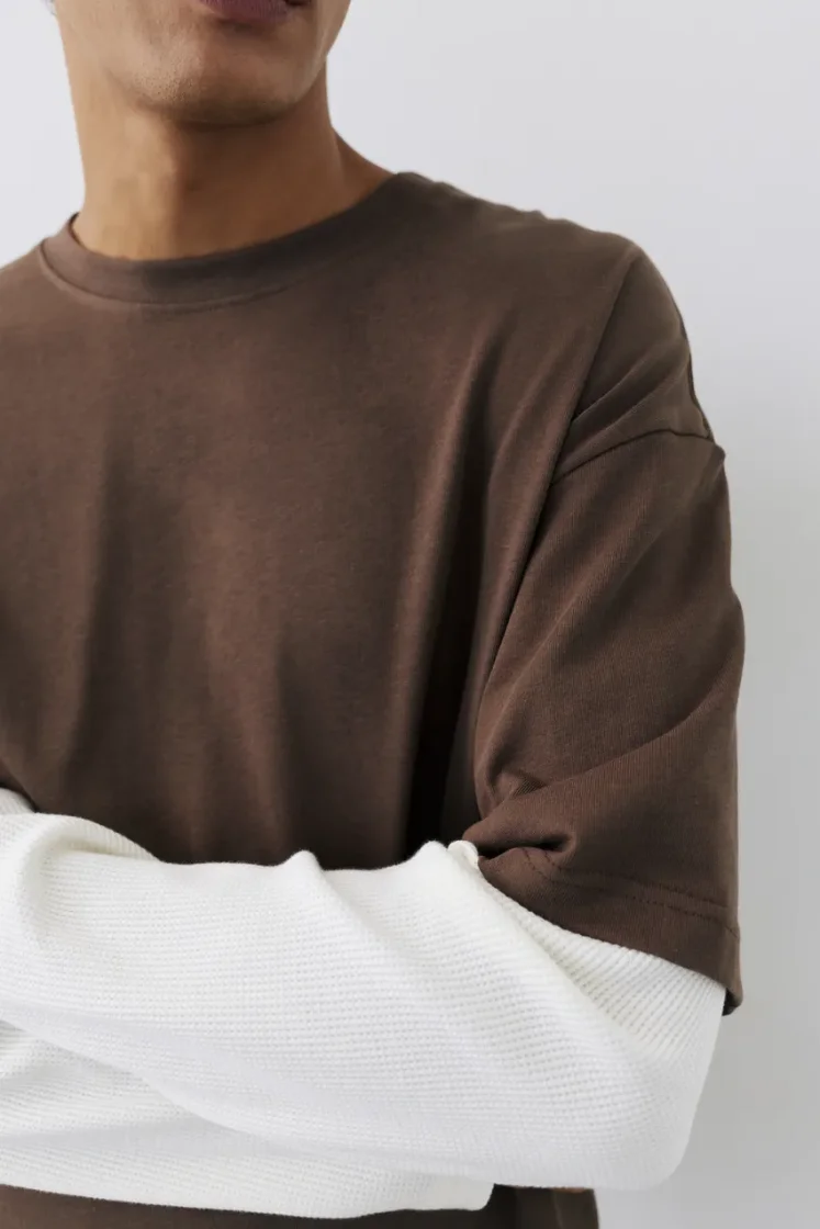 Pull&Bear Waffle Double Long Sleeve Tee — Brown
