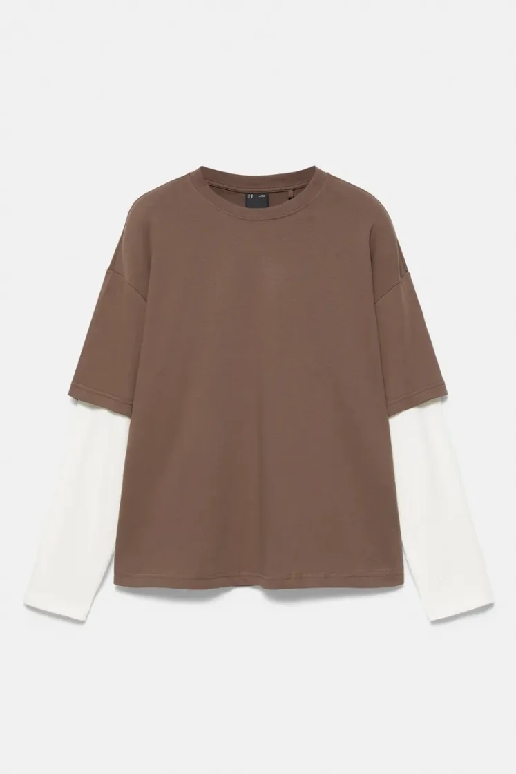 Pull&Bear Waffle Double Long Sleeve Tee — Brown