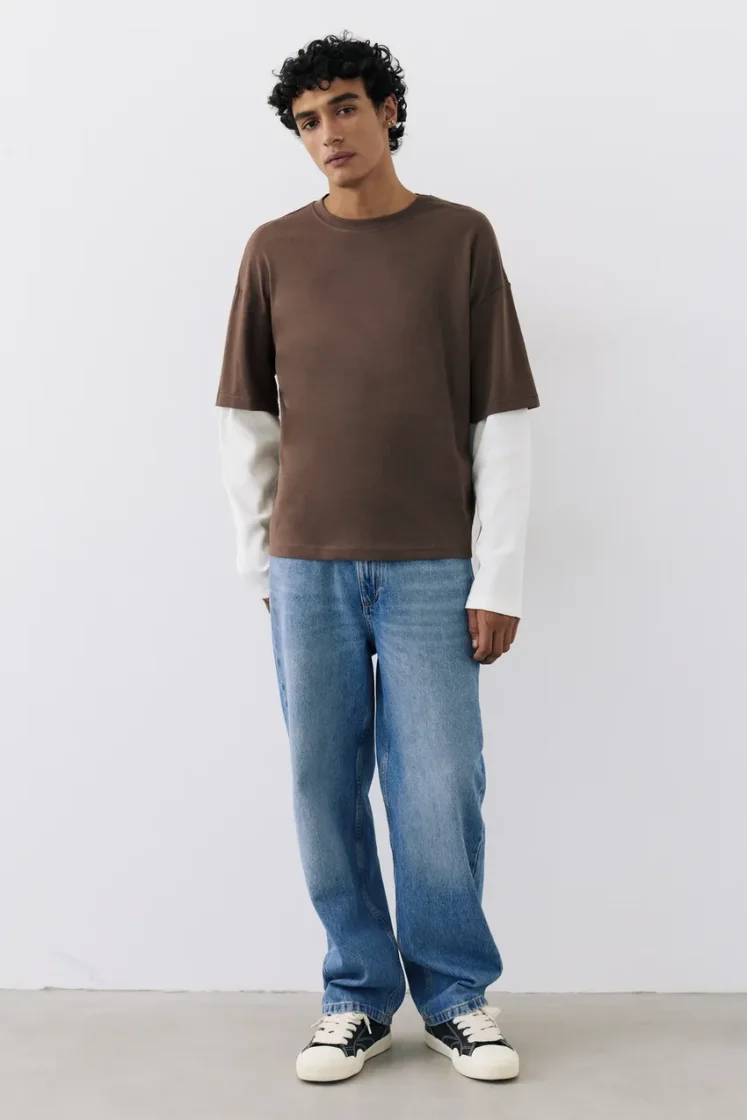 Pull&Bear Waffle Double Long Sleeve Tee — Brown