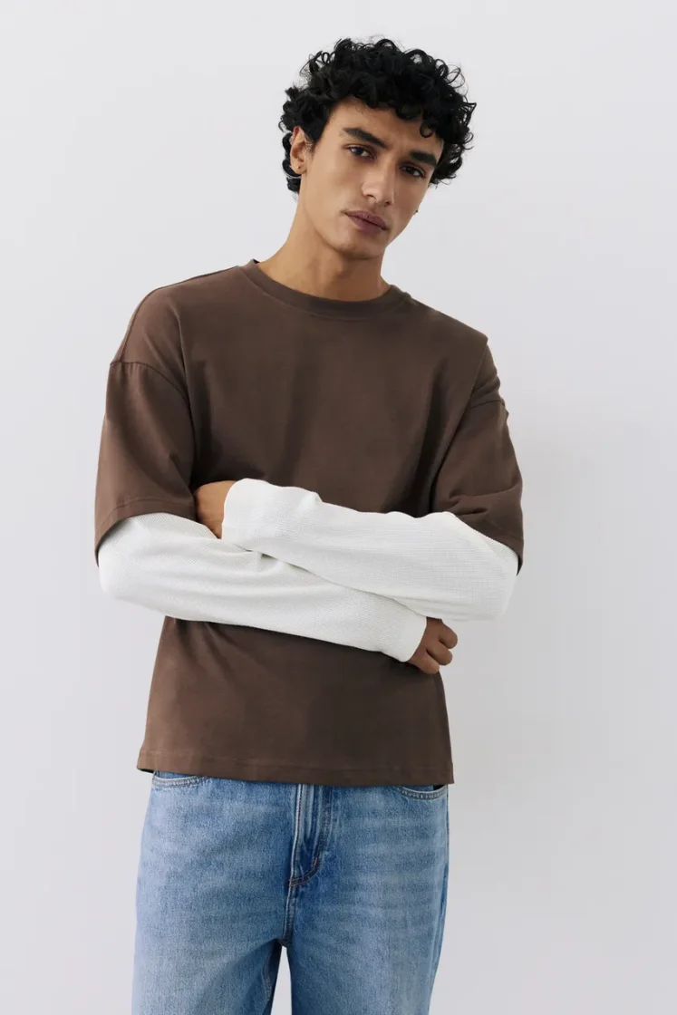 Pull&Bear Waffle Double Long Sleeve Tee — Brown
