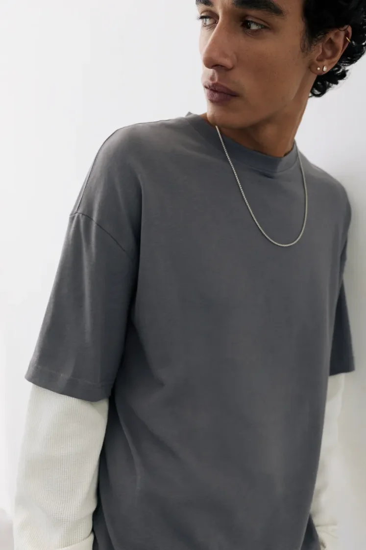 Pull&Bear Waffle Double Long Sleeve Tee — Dark Grey