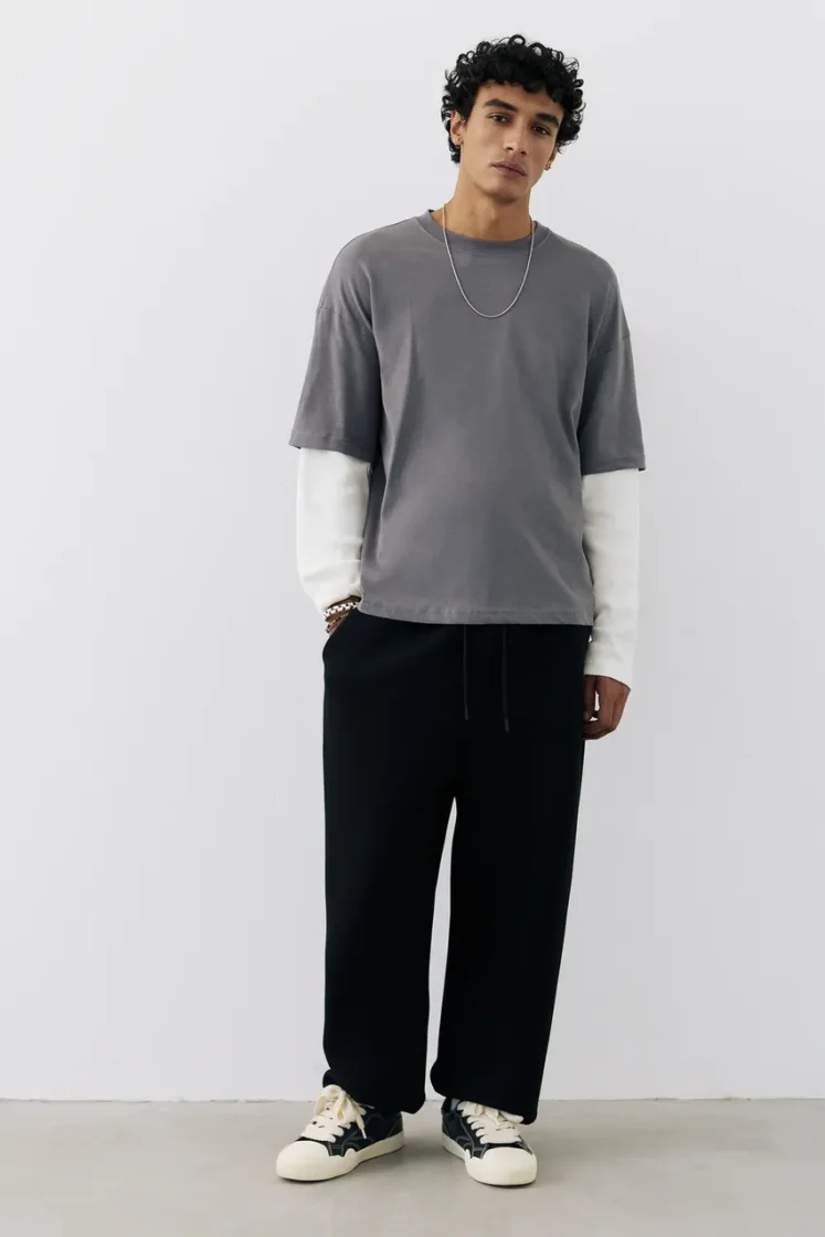 Pull&Bear Waffle Double Long Sleeve Tee — Dark Grey