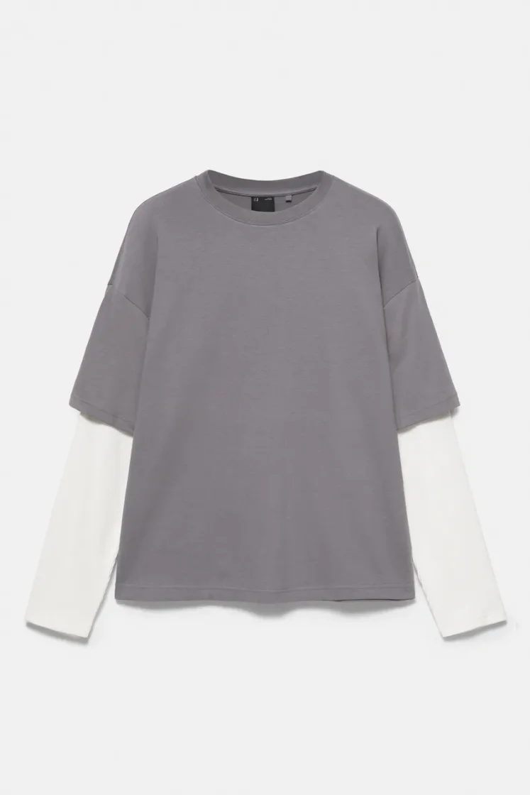 Pull&Bear Waffle Double Long Sleeve Tee — Dark Grey