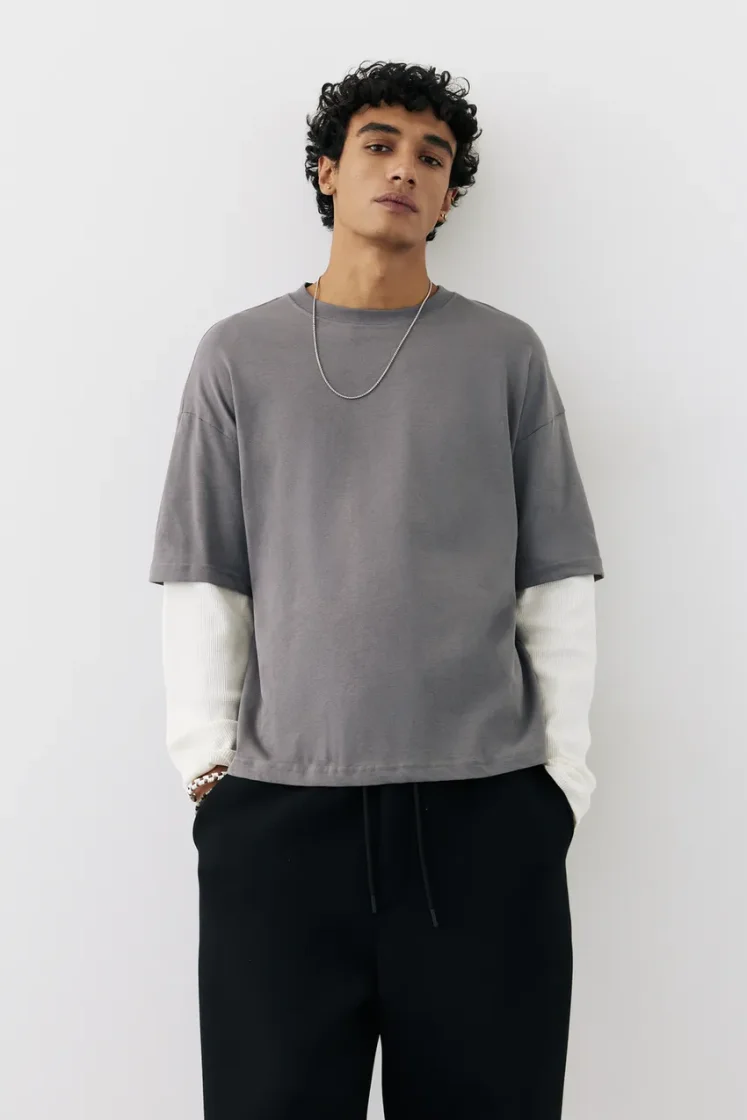 Pull&Bear Waffle Double Long Sleeve Tee — Dark Grey