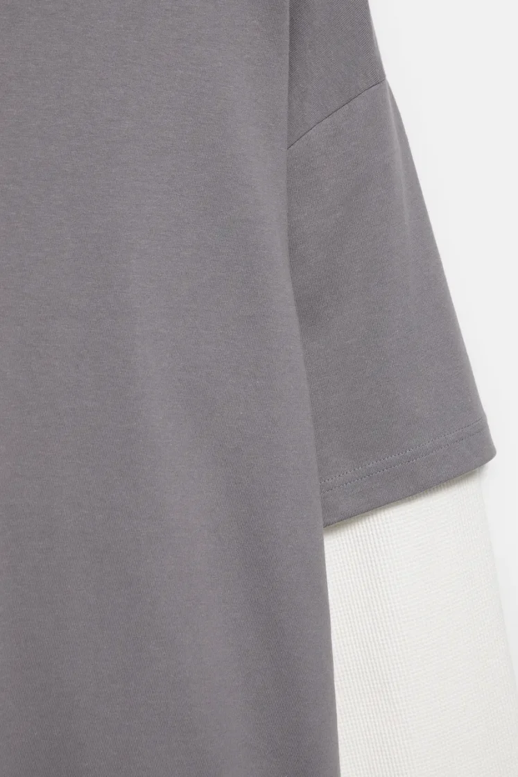 Pull&Bear Waffle Double Long Sleeve Tee — Dark Grey