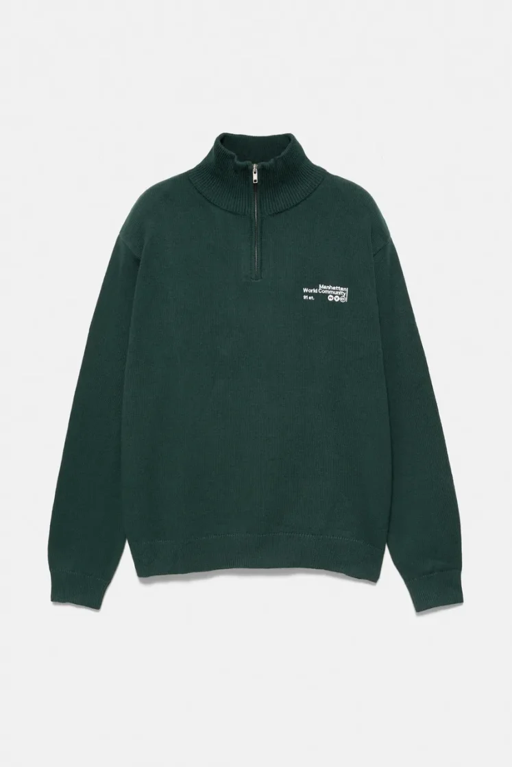 Pull&Bear Zip-Neck Embroidered Knit — Hunter