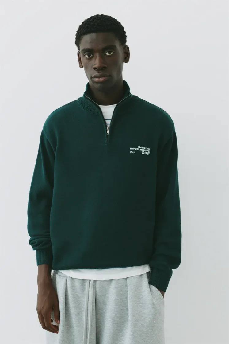 Pull&Bear Zip-Neck Embroidered Knit — Hunter