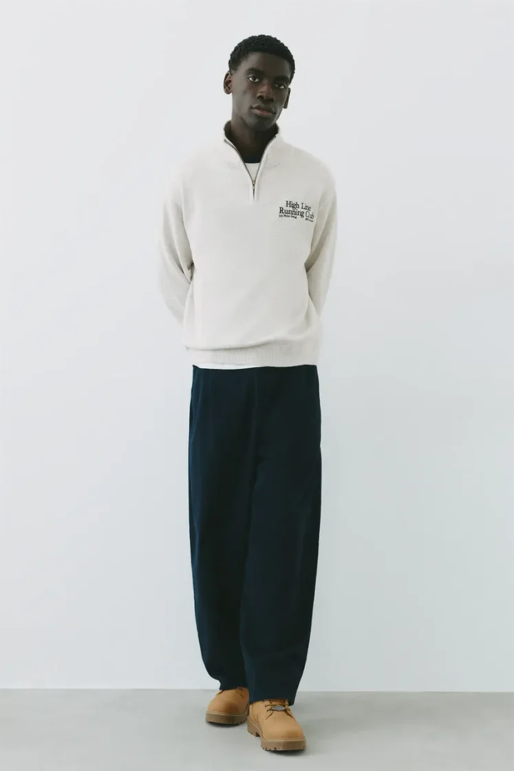 Pull&Bear Zip-Neck Embroidered Knit — Light Grey