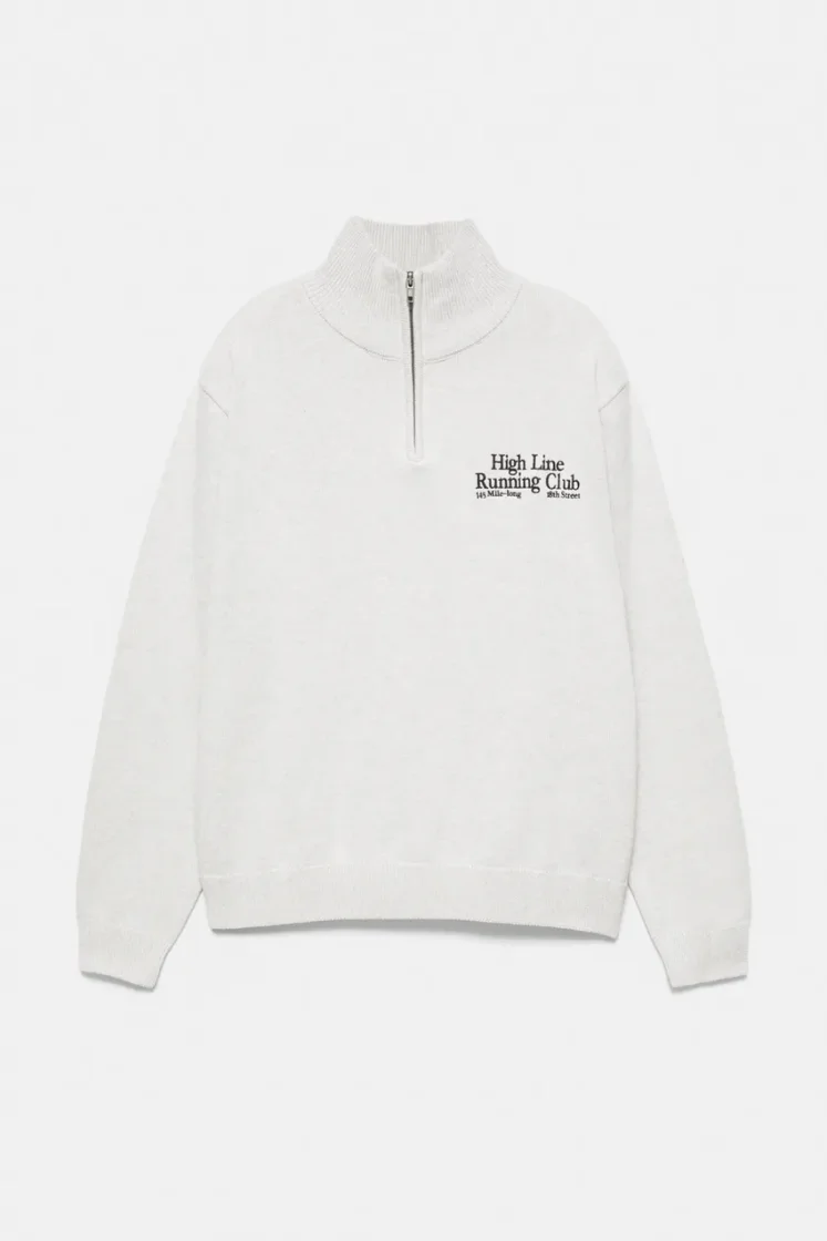 Pull&Bear Zip-Neck Embroidered Knit — Light Grey