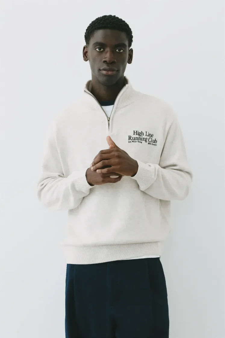 Pull&Bear Zip-Neck Embroidered Knit — Light Grey