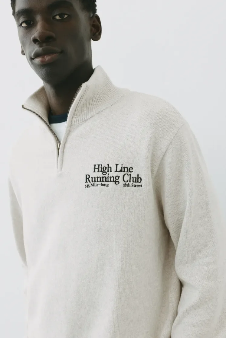 Pull&Bear Zip-Neck Embroidered Knit — Light Grey