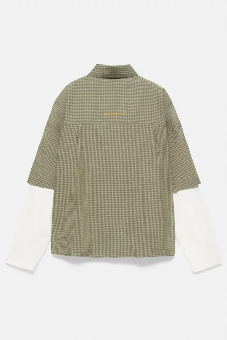 Pull&Bear Double Sleeve Check Shirt — Olive