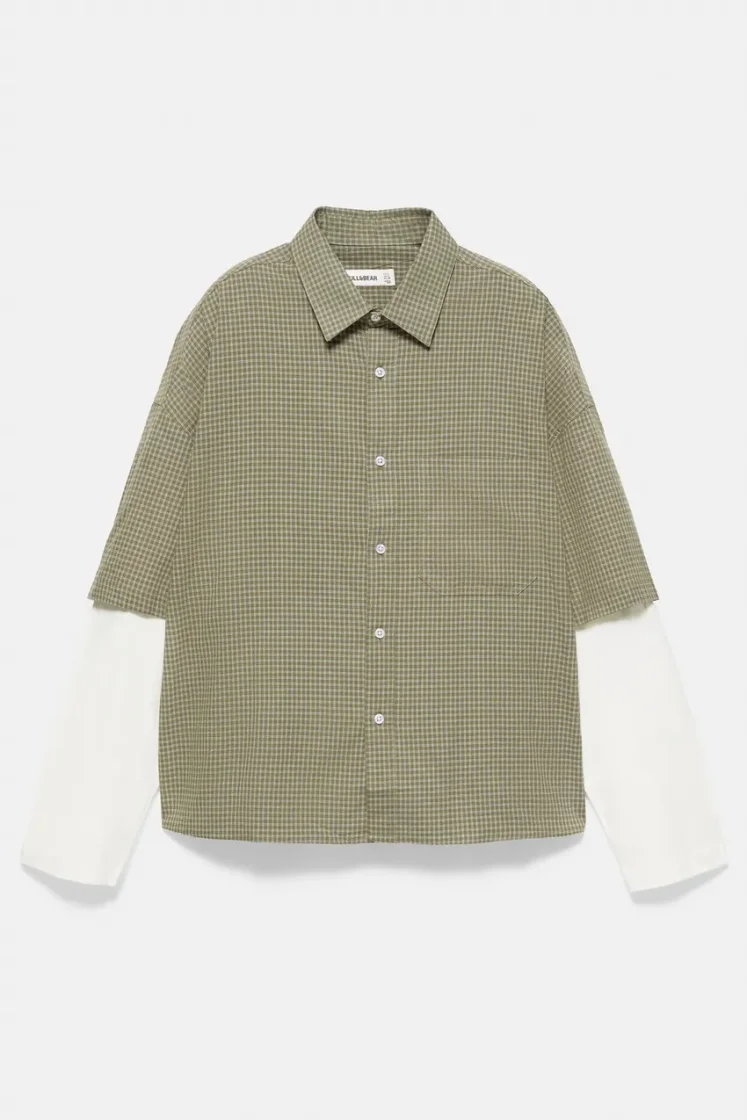 Pull&Bear Double Sleeve Check Shirt — Olive