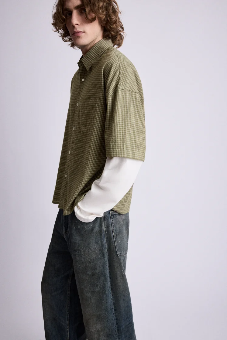 Pull&Bear Double Sleeve Check Shirt — Olive