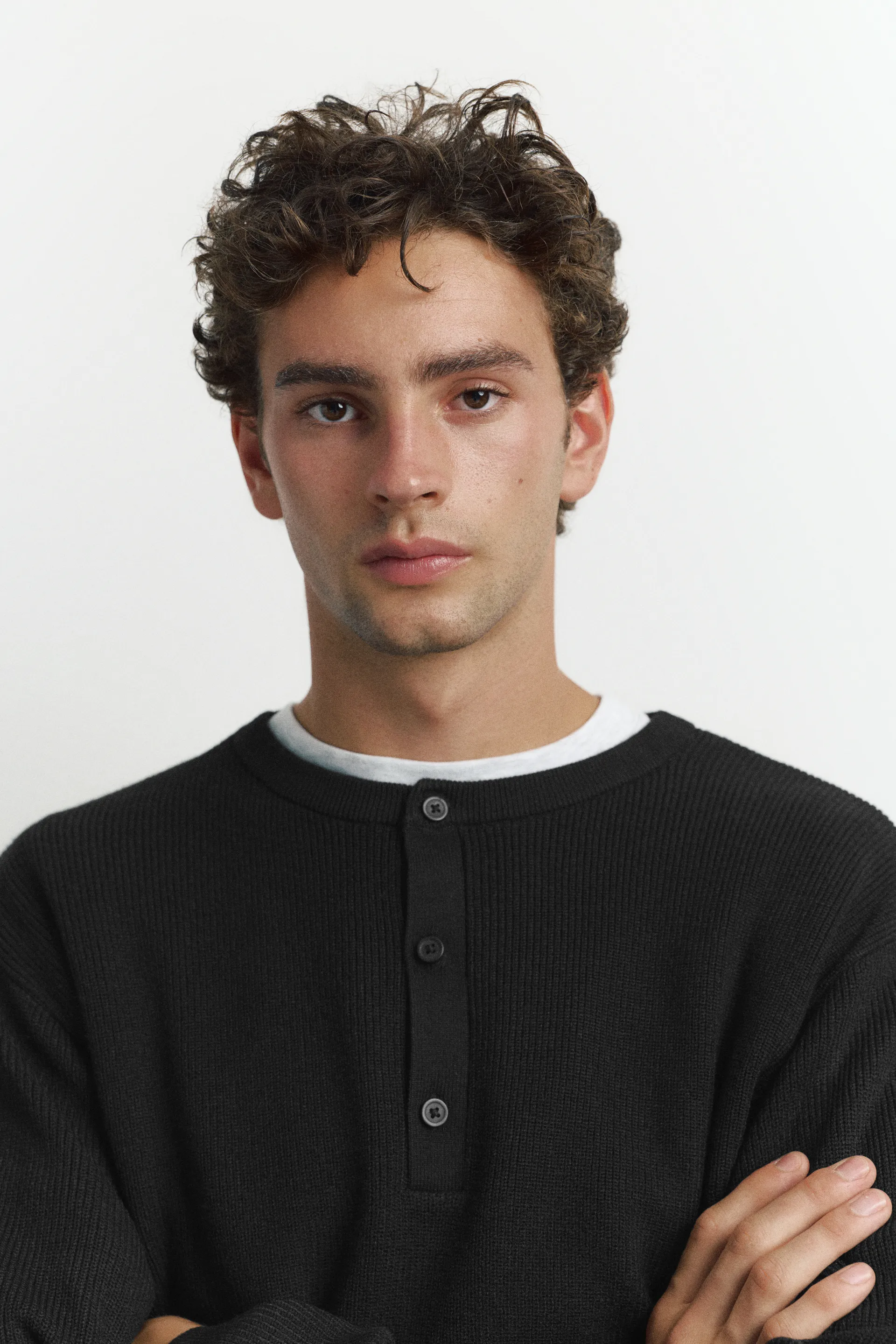 Pull&Bear Henley Knit Pullover — Noir