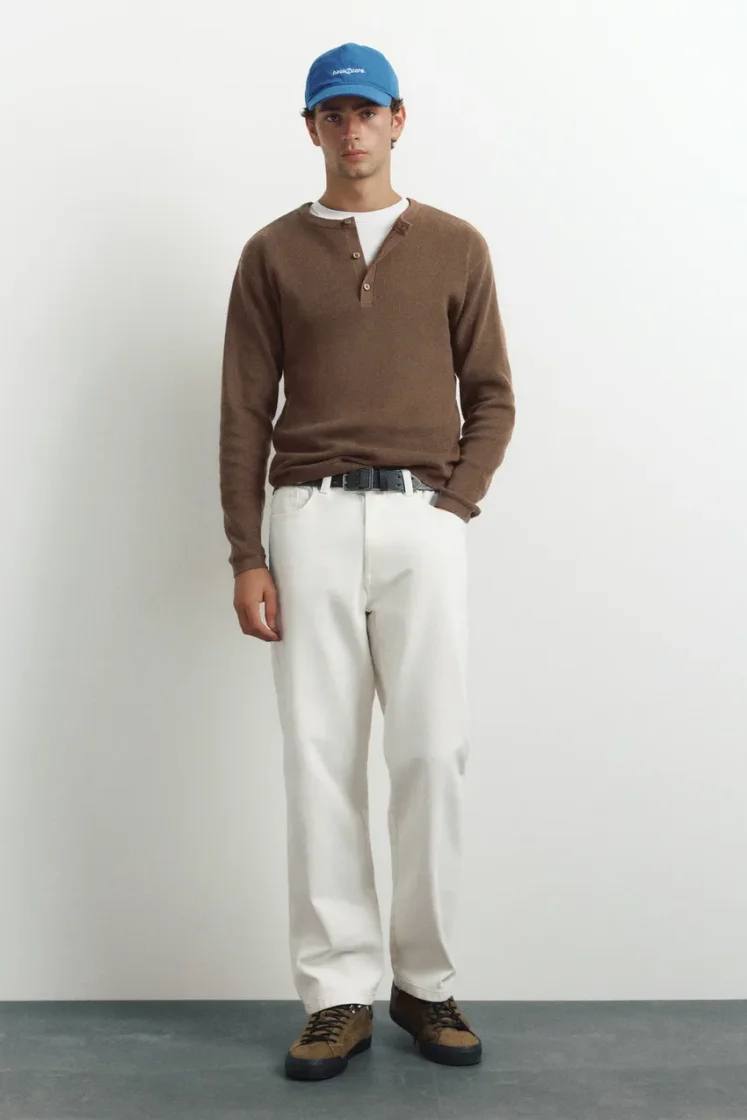 Pull&Bear Henley Knit Pullover — Chocolate