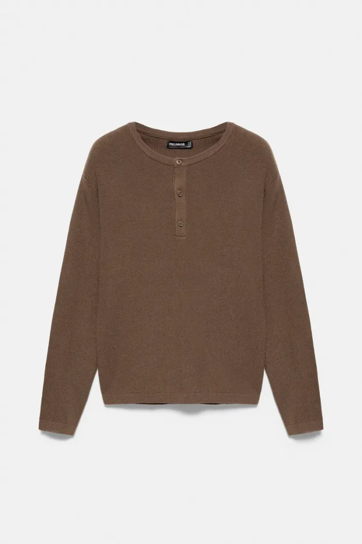 Pull&Bear Henley Knit Pullover — Chocolate