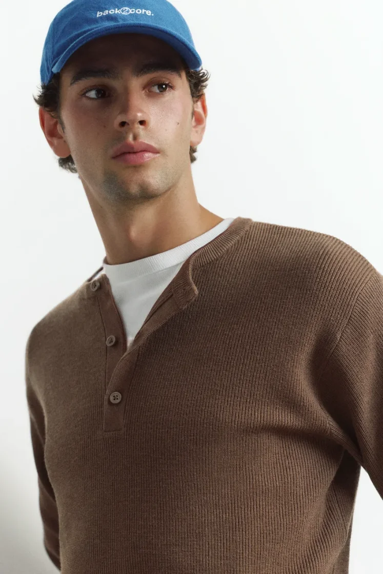 Pull&Bear Henley Knit Pullover — Chocolate