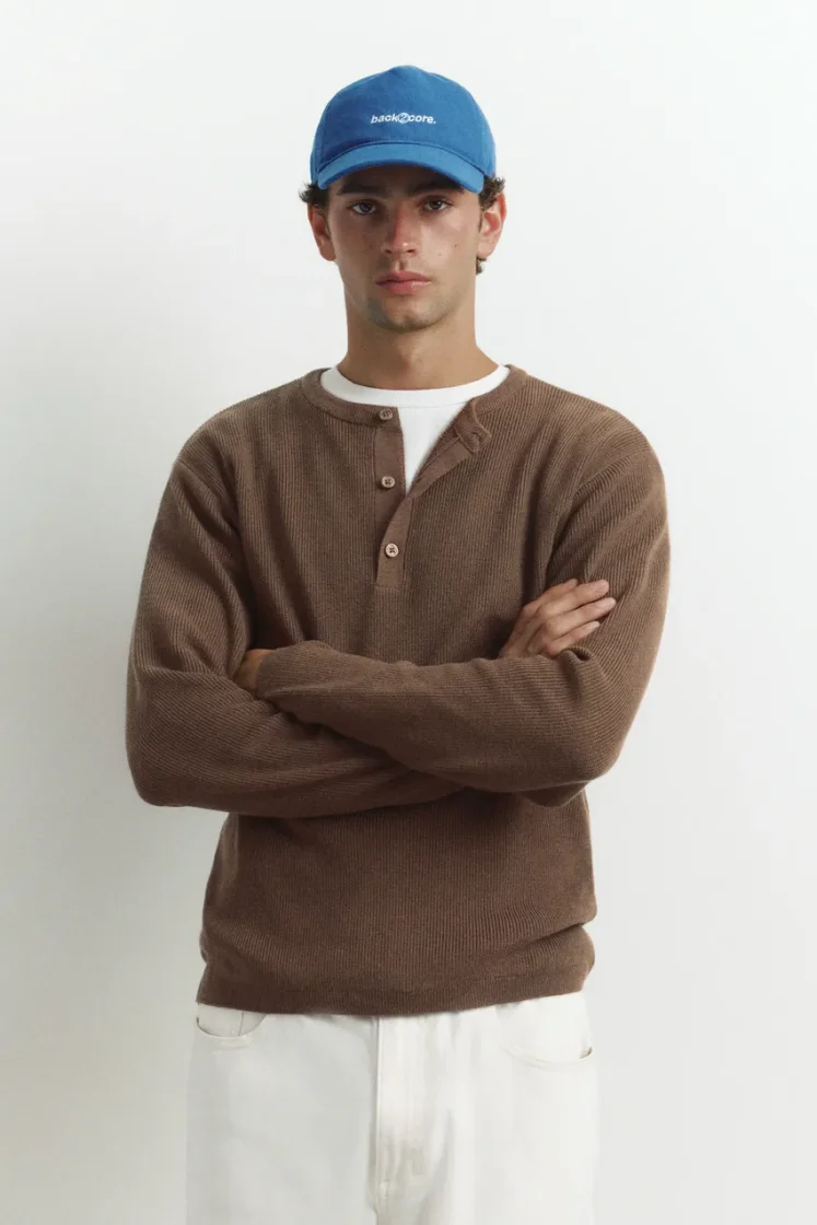 Pull&Bear Henley Knit Pullover — Chocolate