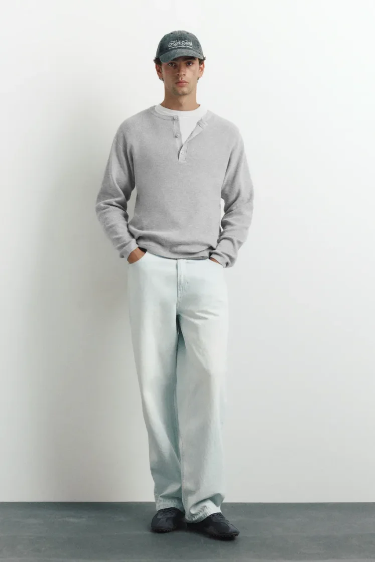 Pull&Bear Henley Knit Pullover — Light Grey