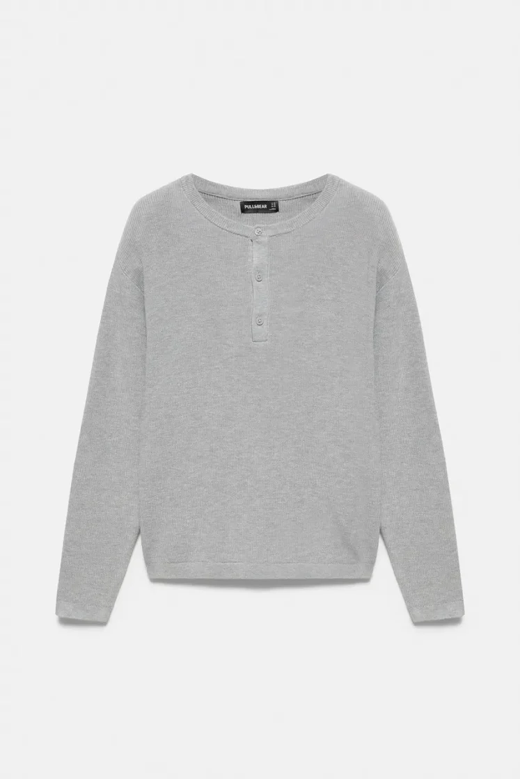 Pull&Bear Henley Knit Pullover — Light Grey