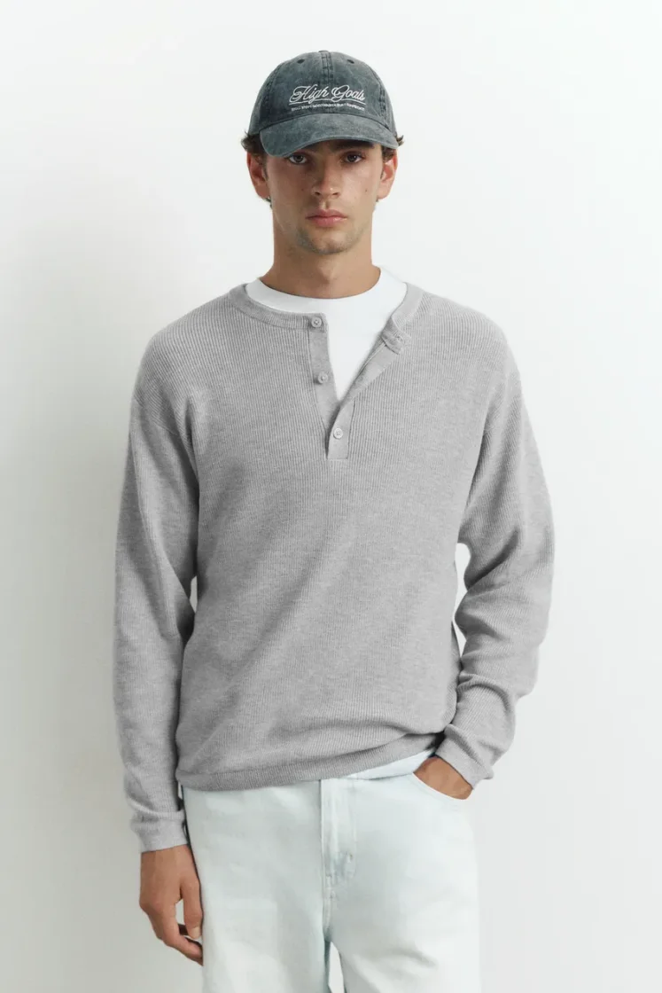 Pull&Bear Henley Knit Pullover — Light Grey