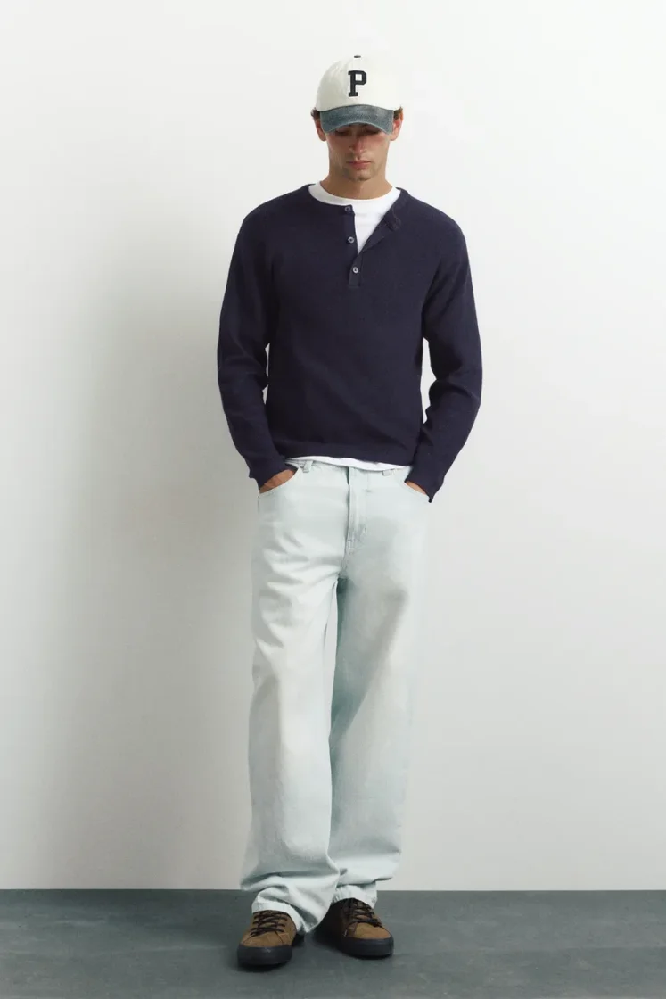 Pull&Bear Henley Knit Pullover — Navy