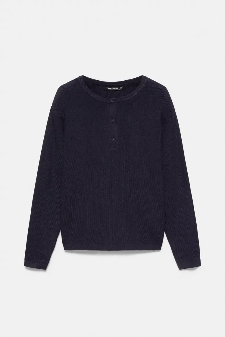 Pull&Bear Henley Knit Pullover — Navy