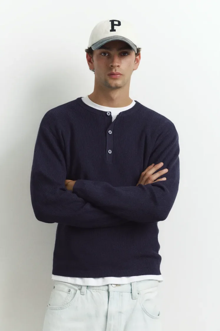 Pull&Bear Henley Knit Pullover — Navy