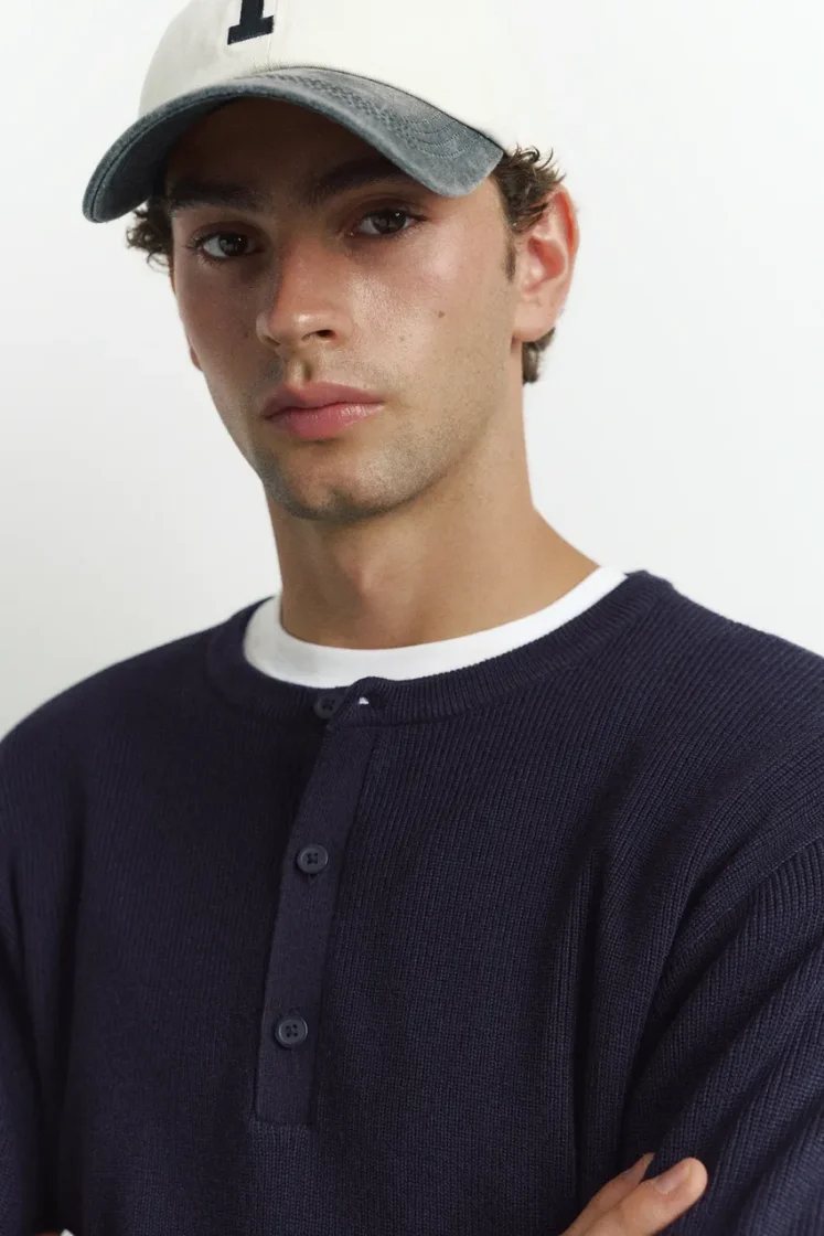 Pull&Bear Henley Knit Pullover — Navy