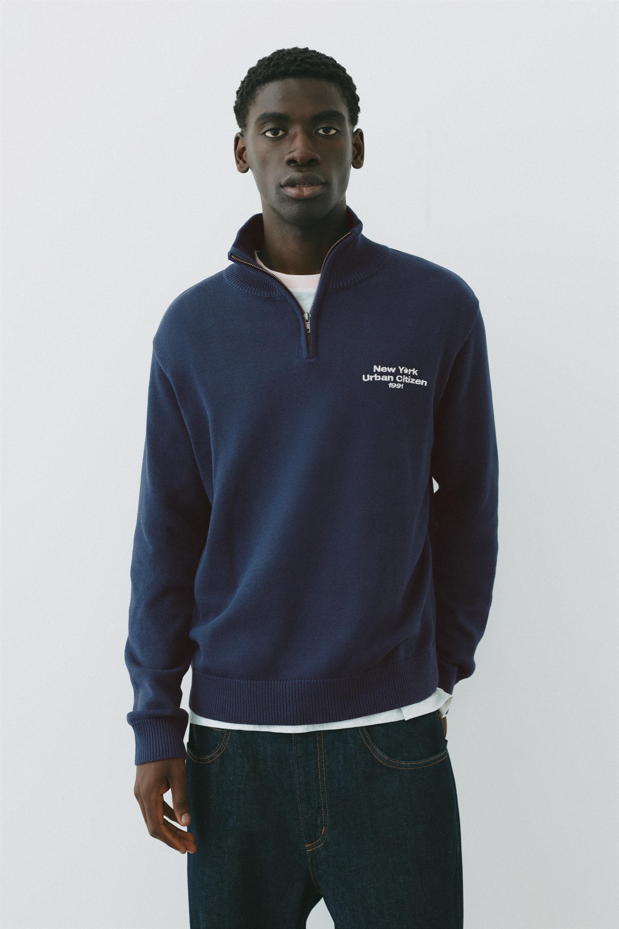 Pull&Bear Zip-Neck Embroidered Knit — Bleu indigo
