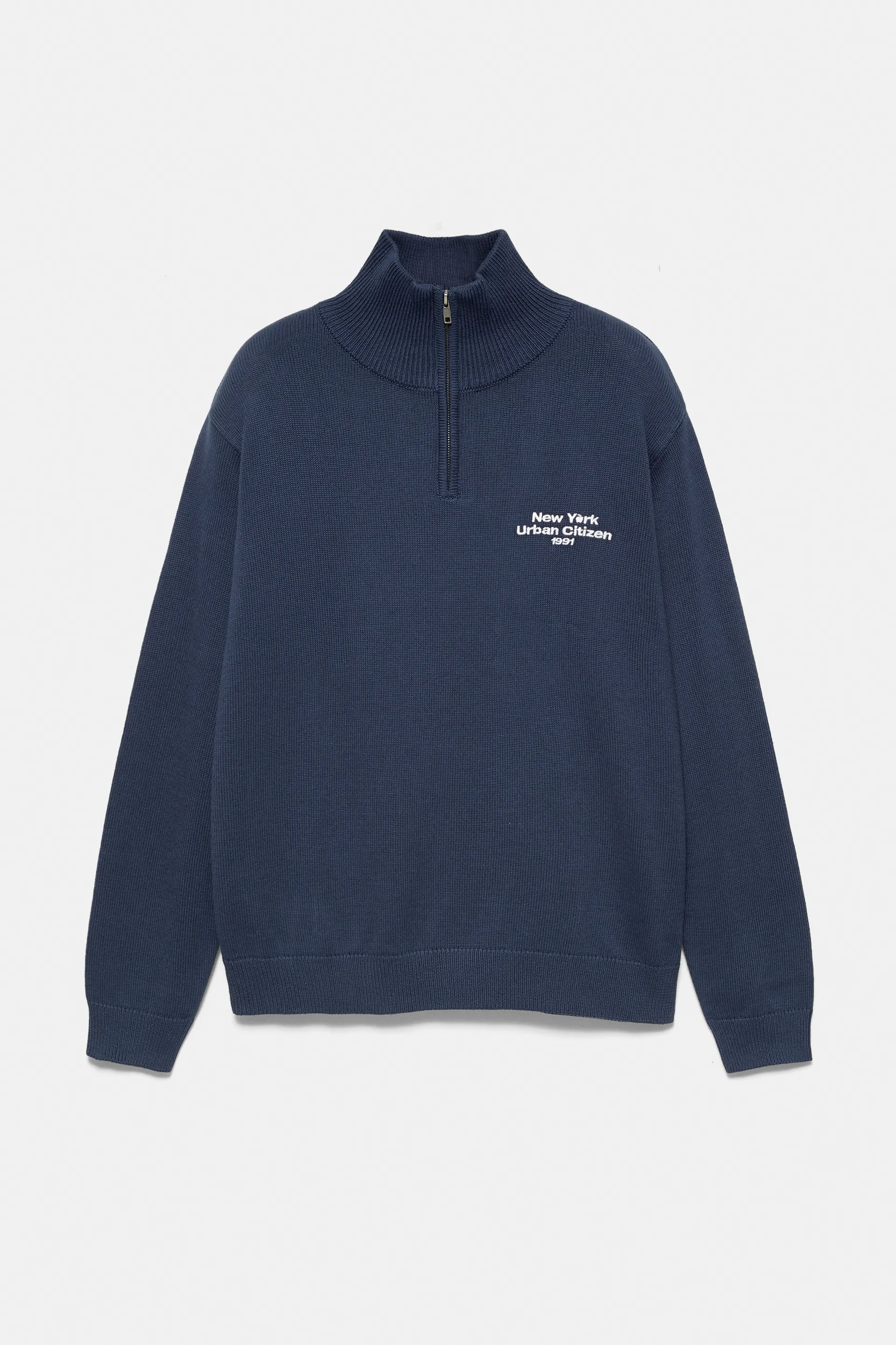 Pull&Bear Zip-Neck Embroidered Knit — Bleu indigo